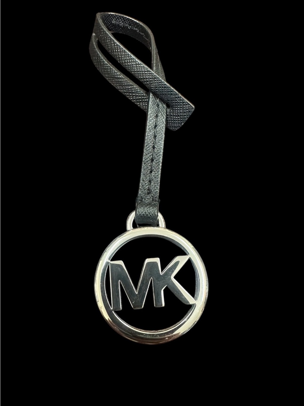 Michael Kors Black Leather Strap MK Logo Charm with Silver Ring